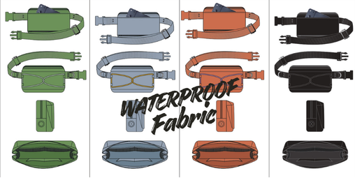 The Scout dog treat bag in four colorways — green, grey, orange, and black — highlighting waterproof fabric construction