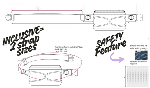 The Scout dog treat bag strap diagram — two inclusive sizes and reflective woven tape safety feature for night walks, by Ritual Gear