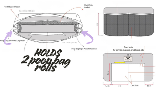 The Scout dog treat bag interior layout — holds 2 poop bag rolls, dual mesh pocket, card slots, and front flapped pocket, by Ritual Gear